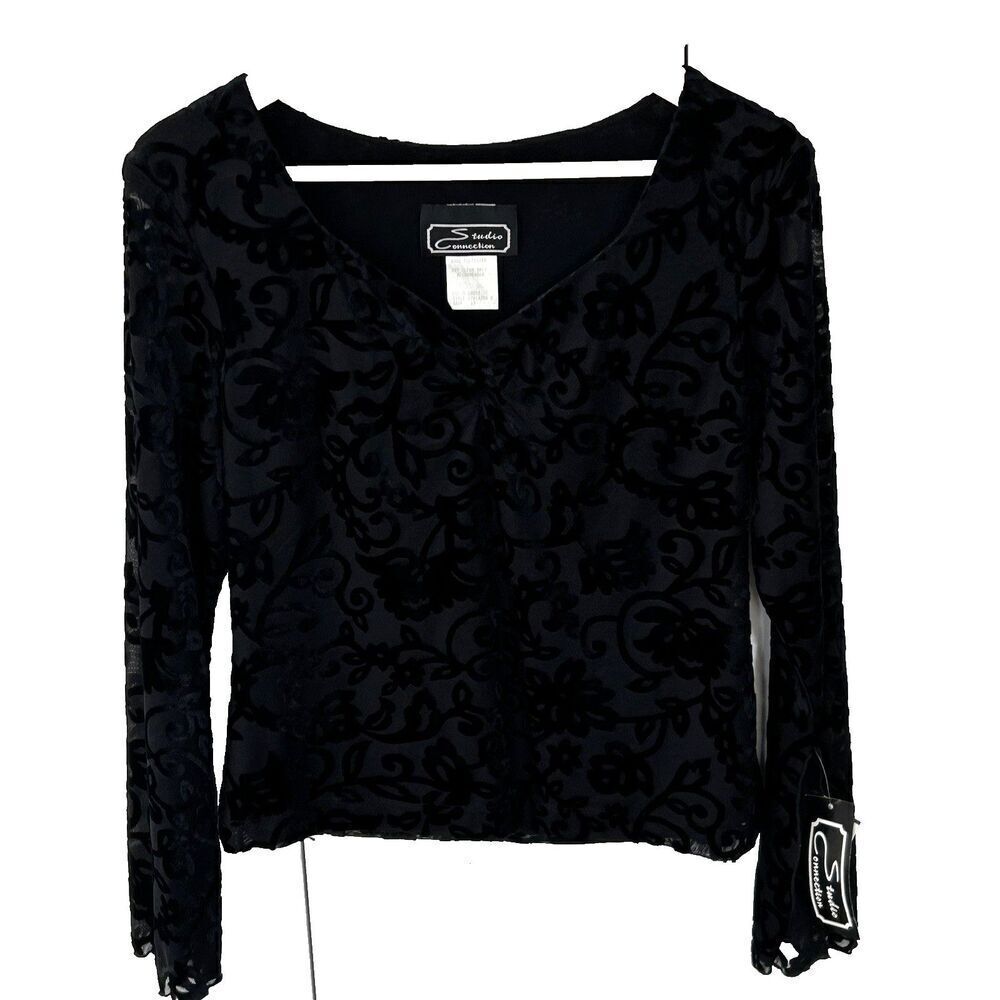 NOS Vintage Velvet Burnout Top Size 12 Black V-Neck Sheer Sleeve Fairy Goth New